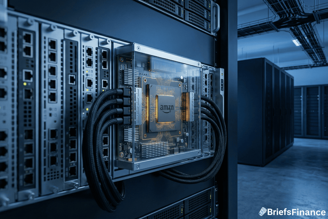 Close-up of a server rack in a data center, featuring an amazon-branded processor with cables connected; BriefsFinance watermark is visible in the corner.