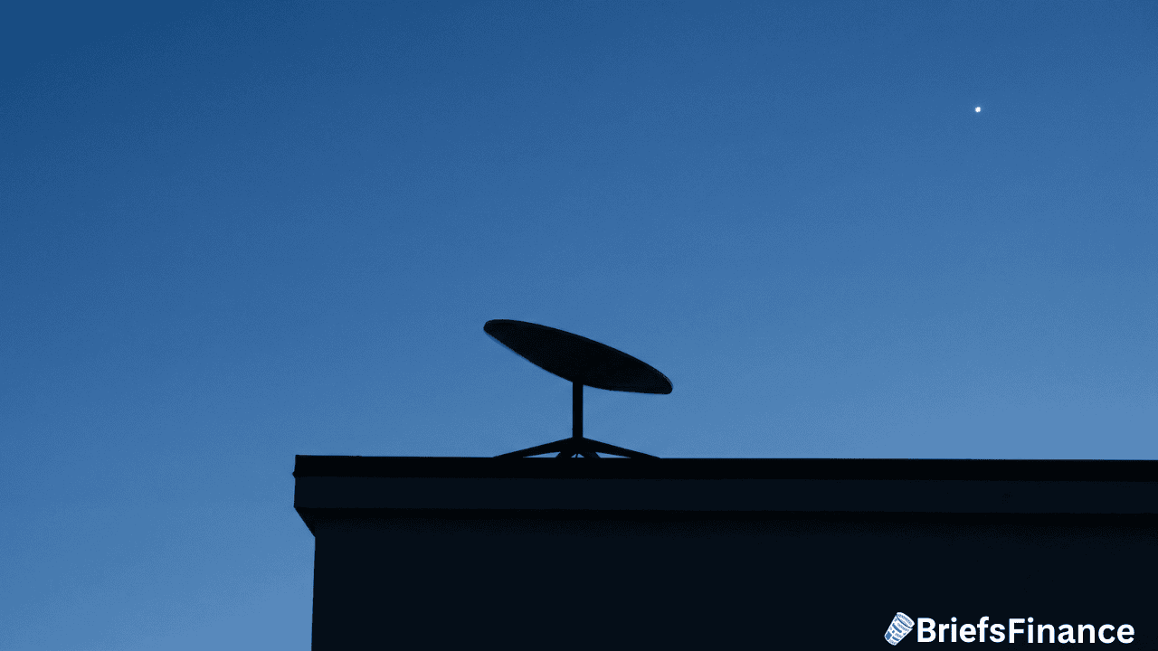 A satellite dish is silhouetted against a clear evening sky with a single bright star, hinting at the billions invested in Satellite Internet; BriefsFinance logo appears in the bottom right corner.