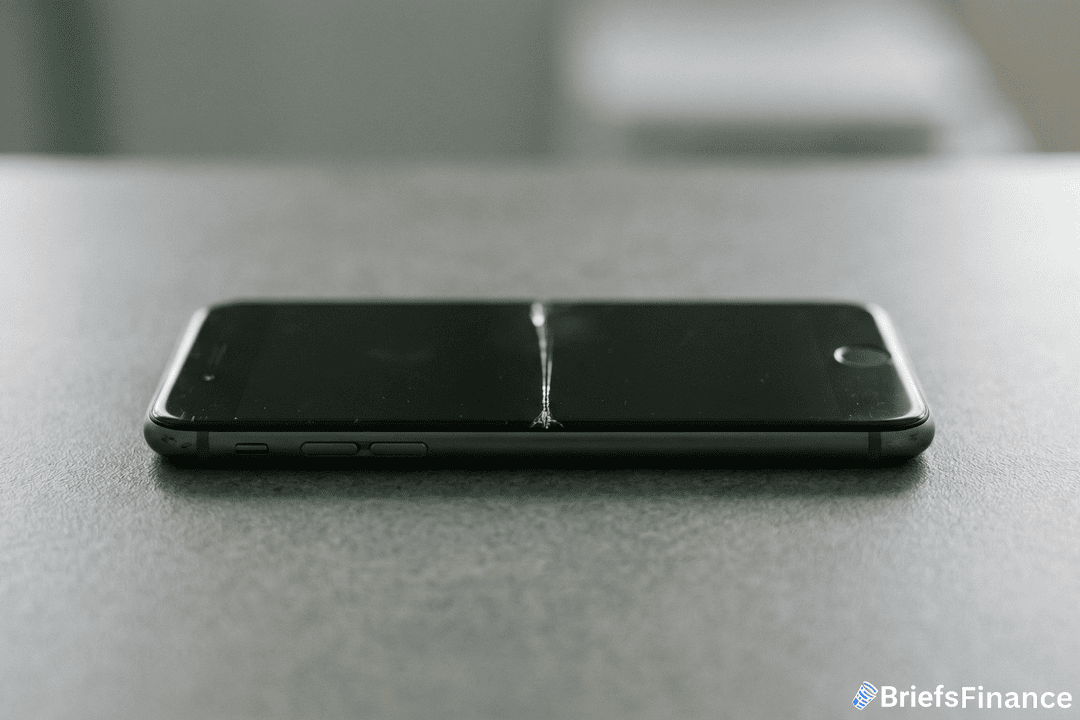 A smartphone with a cracked screen lies face up on a gray surface.