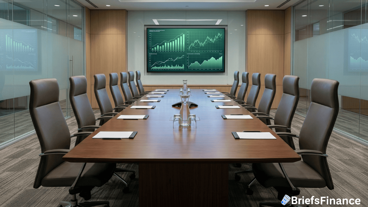 Modern conference room with a long table, high-back chairs, notepads, water pitchers, and digital financial charts from Wall Street giants like JPMorgan displayed on a large screen at the front.
