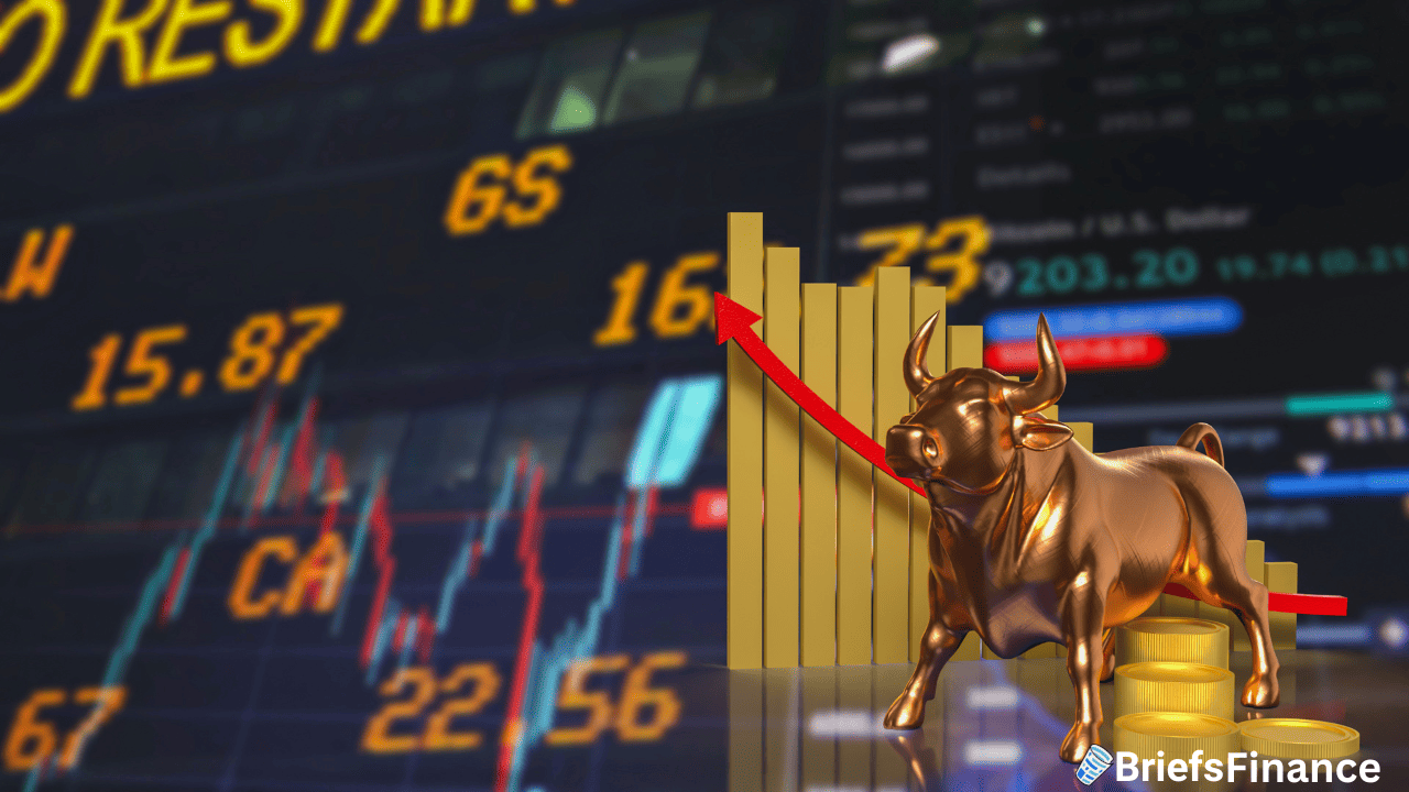 A golden bull statue stands in front of rising bar graphs and a red upward arrow, with stock market data in the background.
