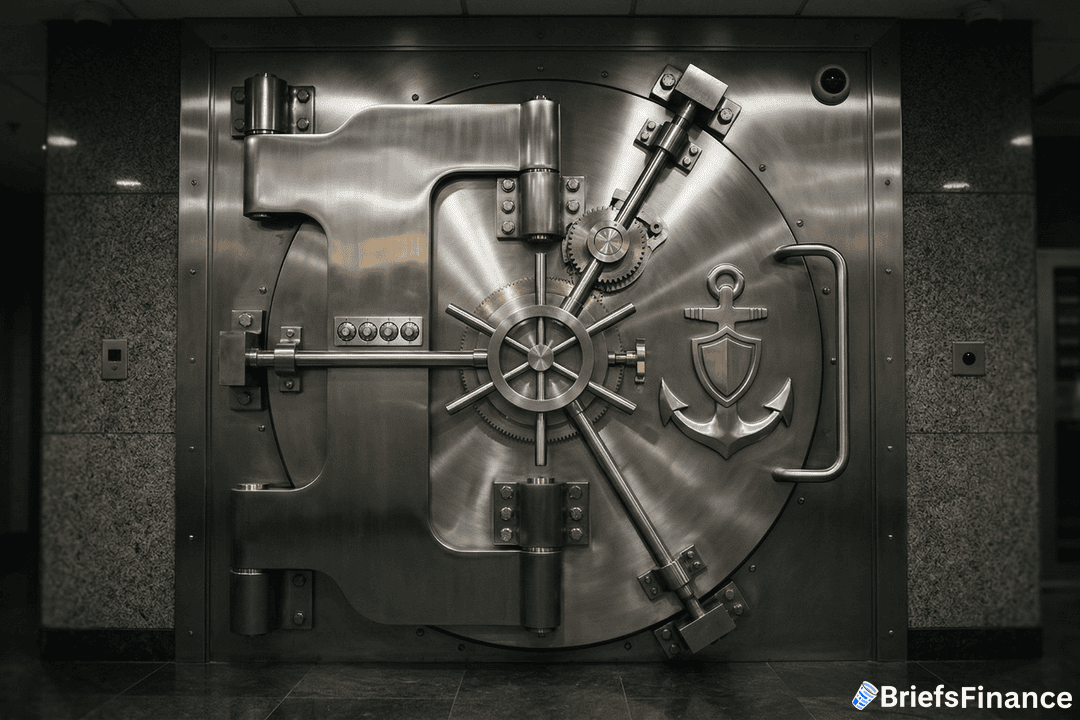 A large, metallic bank vault door with an anchor symbol, locking mechanisms, and gears, set in a marble wall. BriefsFinance logo is visible in the bottom right corner.