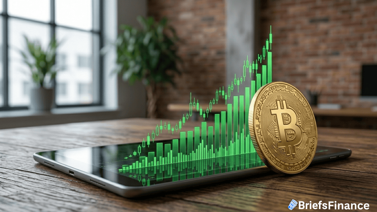 A Bitcoin coin stands on a tablet displaying a rising green financial graph in a modern office setting, reflecting the surge in daily inflows as Bitcoin Spot ETFs attract $471 million from investors.