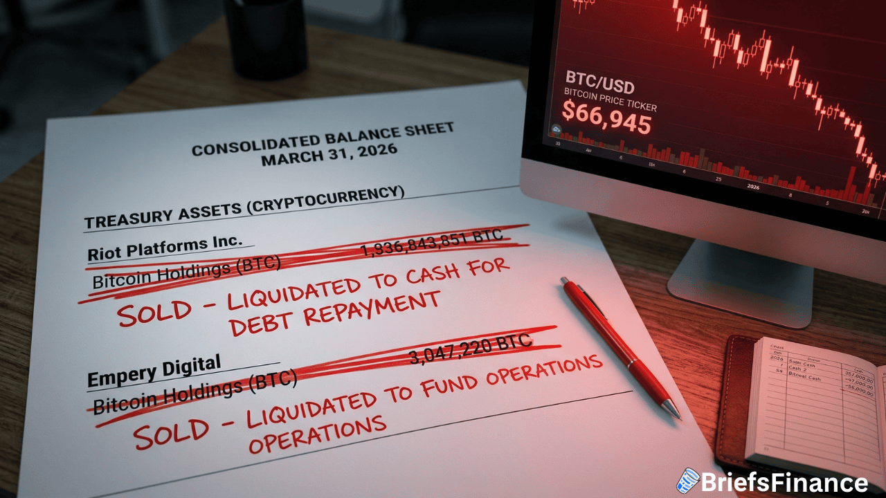 A balance sheet displays Corporate Bitcoin holdings for two companies cashing out to repay debt and fund operations, with a BTC price chart and $66,945 in the background.