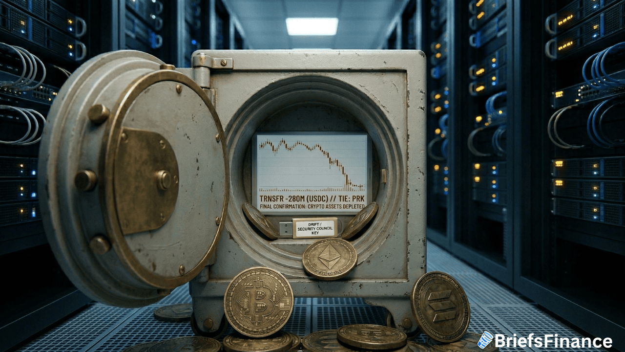 A safe with crypto coins and a screen showing a downward price graph, set in a server room—a scene highlighting investors' concerns over security breaches linked to North Korea's involvement in the crypto market.