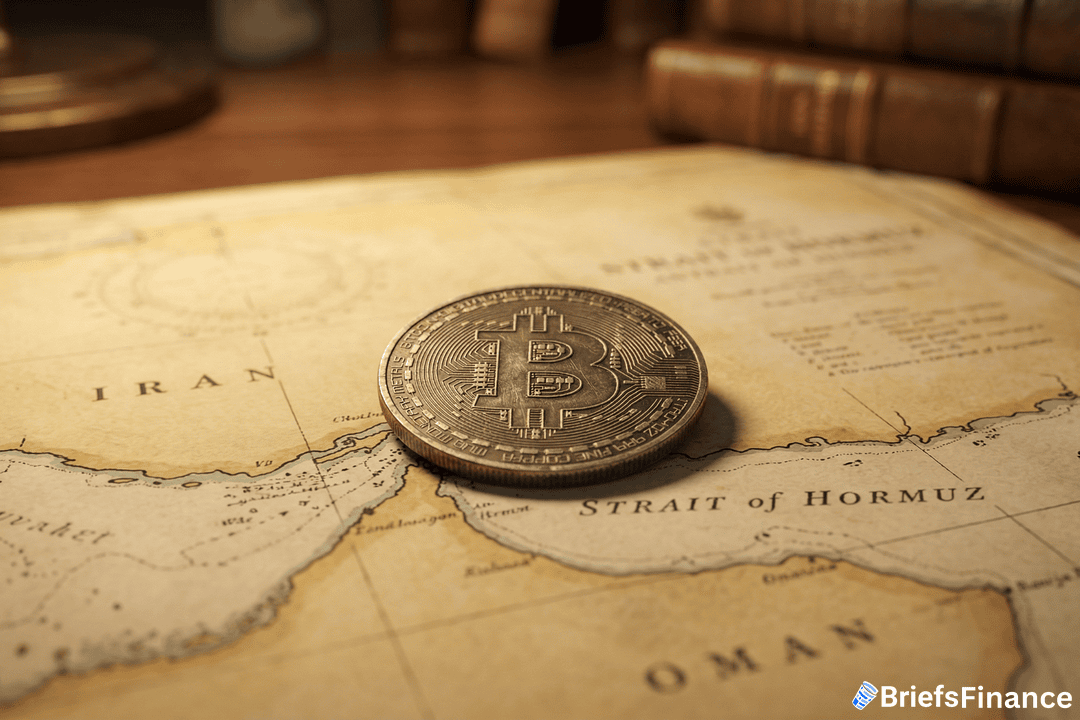 A physical Bitcoin token rests on a vintage map showing the Strait of Hormuz between Iran and Oman, with "BriefsFinance" logo in the corner.