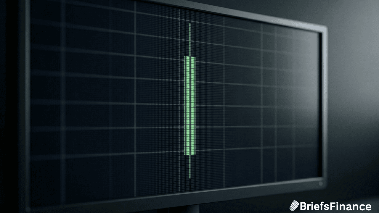 A computer monitor displays a large green candlestick chart—highlighting Bitcoin’s surge toward $70K—on a grid background, with the BriefsFinance logo in the bottom right corner.