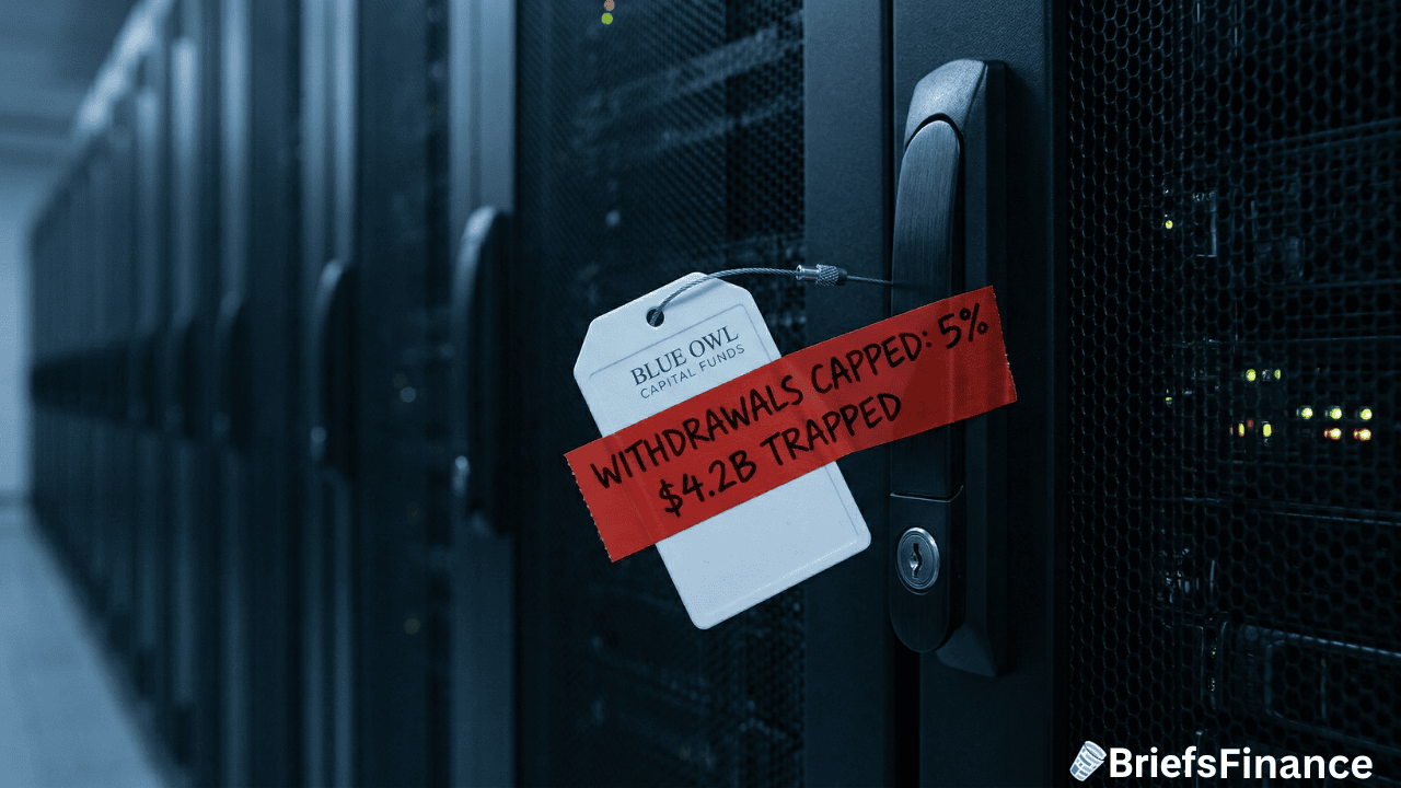 A data server rack tagged "Blue Owl Capital Funds" sits under a red overlay: "Caps Fund Withdrawals: 5%, $4.2B trapped amid record redemption demands." BriefsFinance logo in the corner.