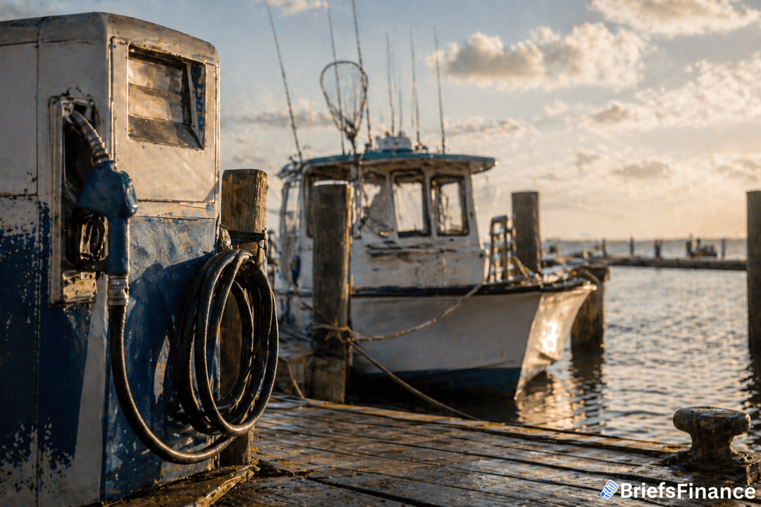 An old fuel pump stands on a weathered dock next to a fishing boat moored in calm water under a partly cloudy sky.