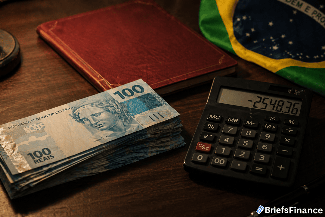Stack of 100 Brazilian real banknotes, a calculator displaying -2548.36, a red notebook, and part of a Brazilian flag on a wooden surface.