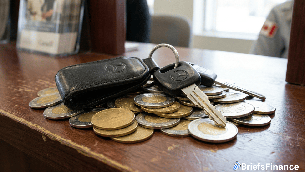 A set of Mercedes car keys rests on a pile of coins on a wooden counter, with brochures and a person in the background—symbolizing choices amid analysts’ discussions about Canada's Big Banks.