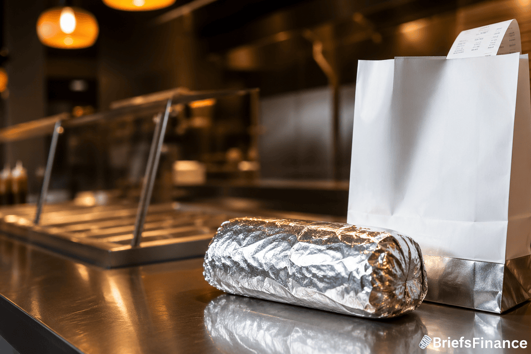A foil-wrapped burrito sits on a counter in front of a white paper takeout bag in a restaurant.