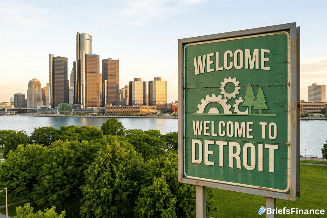 A large "Welcome to Detroit" sign stands in front of a cityscape with tall buildings, trees, and a river in the background.