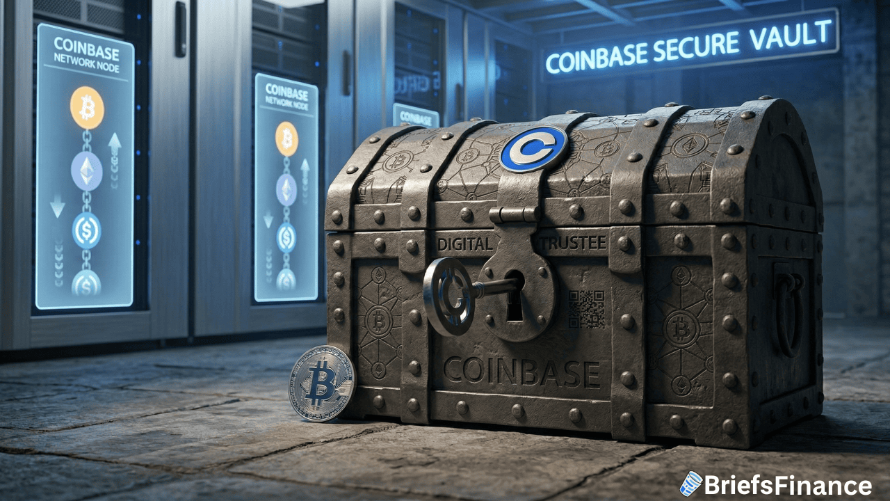 A metal chest labeled "Coinbase" sits in front of servers inside a vault labeled "Coinbase Secure Vault," with a Bitcoin coin placed beside the chest, symbolizing Coinbase's status as a trust company with federal approval.