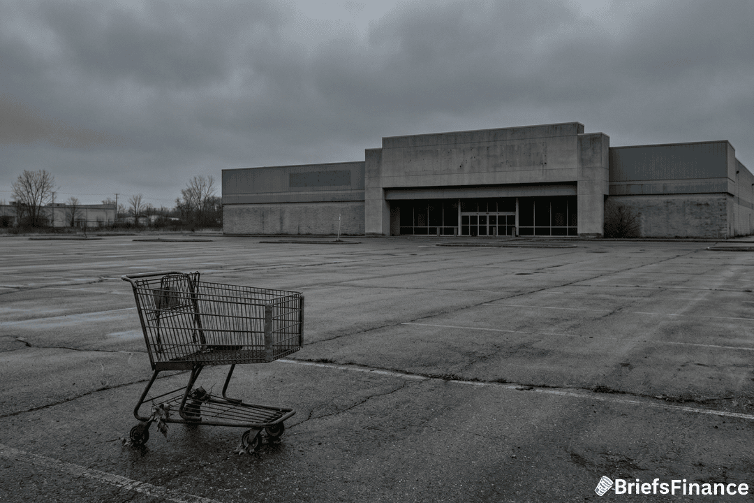 A rusty shopping cart sits in an empty, cracked parking lot in front of a large, abandoned building under a cloudy sky.