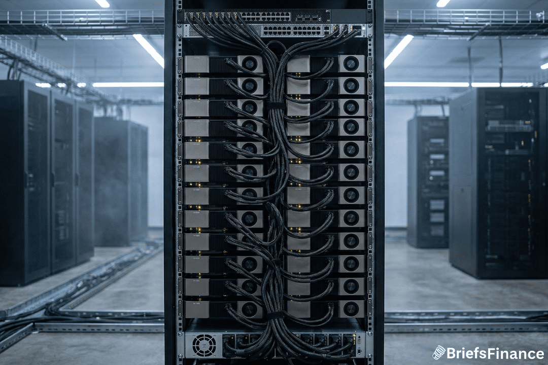 A server rack with connected cables and hardware in a data center. The BriefsFinance logo is visible in the bottom right corner.