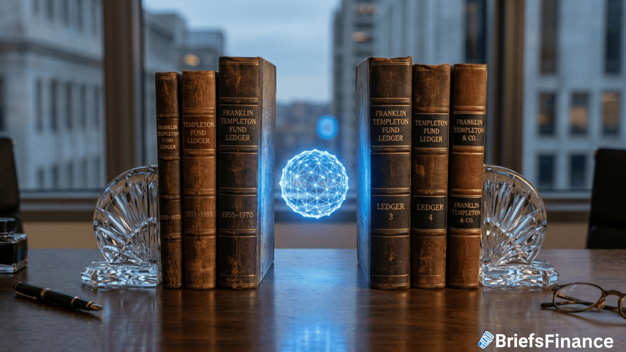 A set of old financial ledgers on a desk with glass bookends, a pen, and a glowing digital sphere—hinting at blockchain tokens—sits before a cityscape visible through the window.