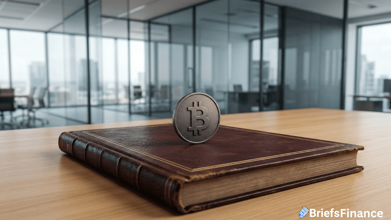 A Bitcoin coin stands upright on a closed leather-bound book on a wooden desk in a modern office with glass walls, reflecting the rise of digital asset managers like CoinShares in today's financial landscape.