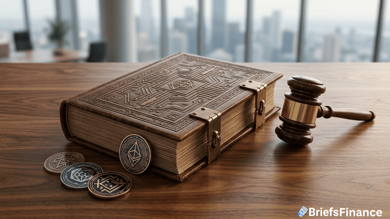 A decorative rulebook, a judge’s gavel, and several cryptocurrency coins rest on a wooden table with a city skyline visible through large windows in the background, evoking the evolving nature of the crypto industry.