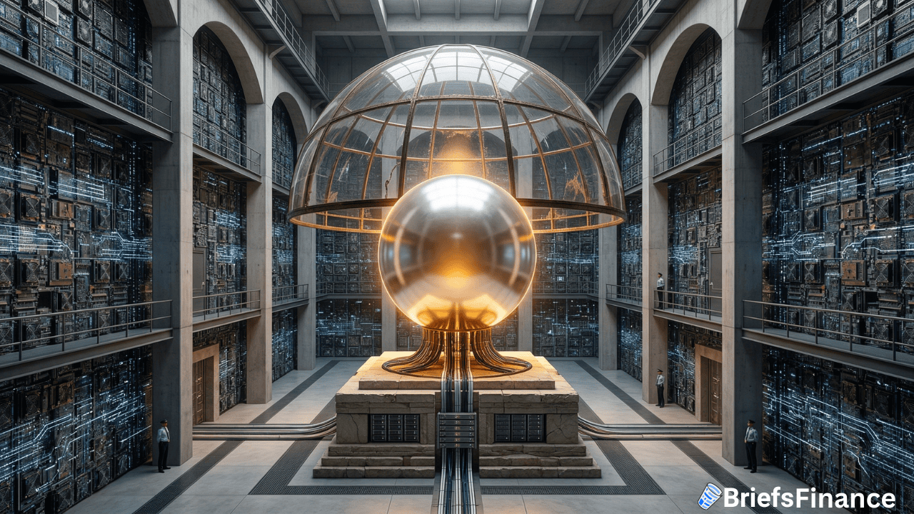 A large metallic sphere inside a transparent dome is displayed in a high-tech, futuristic hall resembling a U.S. national vault, lined with data servers where security personnel mine Bitcoin.