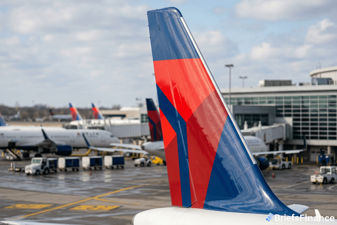 Delta Air Lines aircraft tail fin at an airport gate, with other Delta planes and ground service vehicles in the background.
