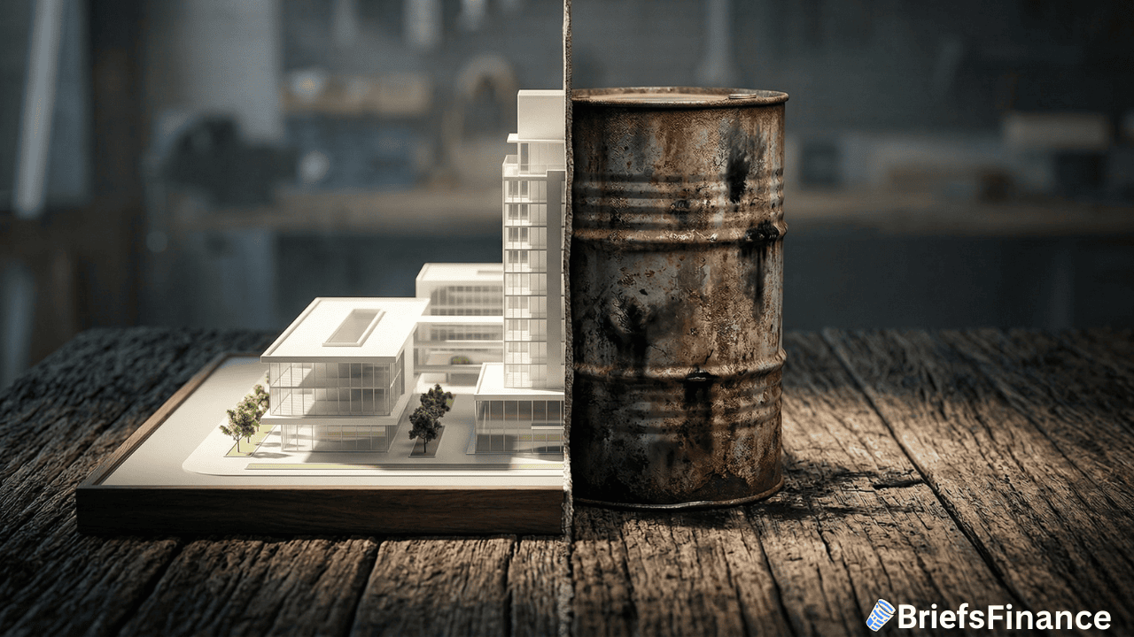 A modern architectural model is juxtaposed with a rusty oil barrel on a wooden surface, symbolizing the contrast between strong growth and lingering industry risk.