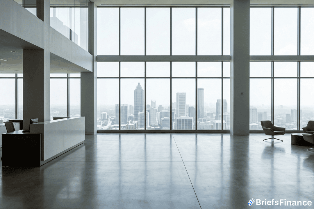 Spacious modern office with large windows overlooking a city skyline, featuring minimal furniture and polished concrete floors.