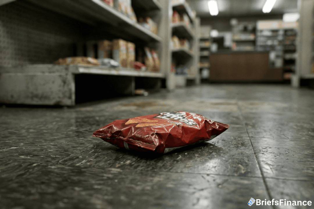 A bag of Doritos chips lies on the floor of a grocery store aisle, with shelves and checkout counter visible in the background.