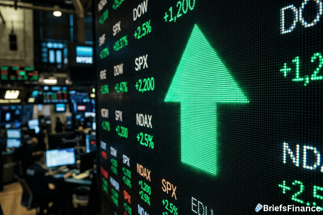 A large green arrow points upward on a digital stock market display, showing various market indices and percentage increases, with trading screens in the background.