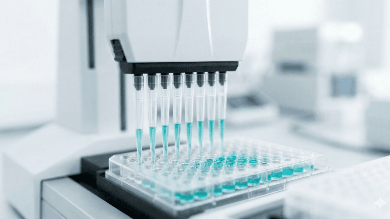 A laboratory pipetting robot dispenses blue liquid into the wells of a clear plastic microplate, streamlining drug research in a scientific setting affected by recent Trump tariff policies.