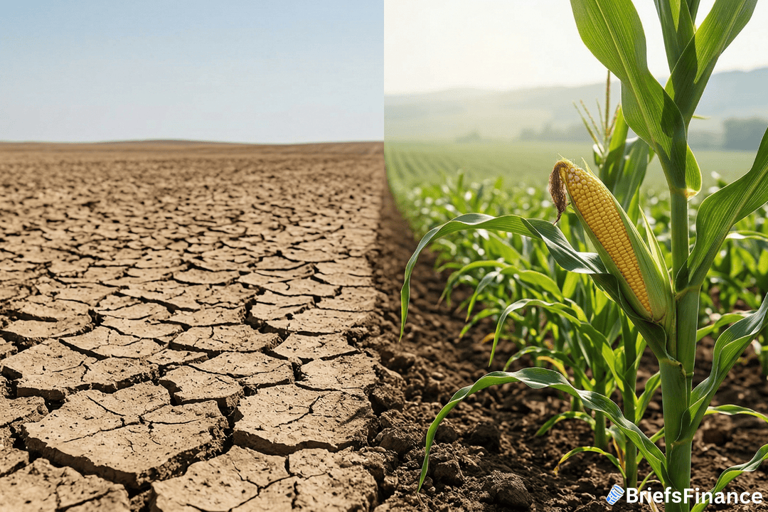 A split image showing dry, cracked soil on the left and healthy green corn growing in fertile soil on the right, illustrating a contrast in agricultural conditions.