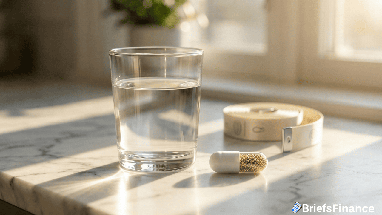 A glass of water, a white and gold weight loss pill, and a measuring tape are placed on a sunlit marble countertop.