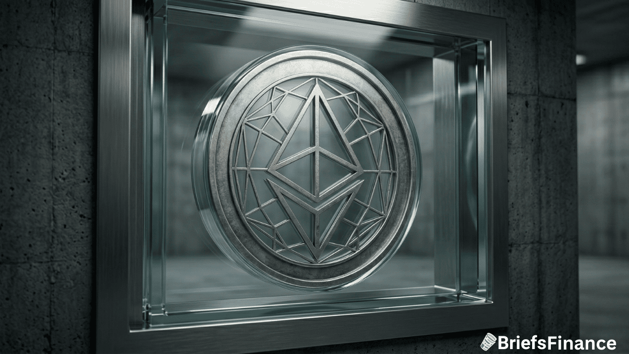 A metallic Ethereum logo is encased in glass and displayed on a concrete wall, with the BriefsFinance logo and an NYSE ticker visible in the bottom right corner.
