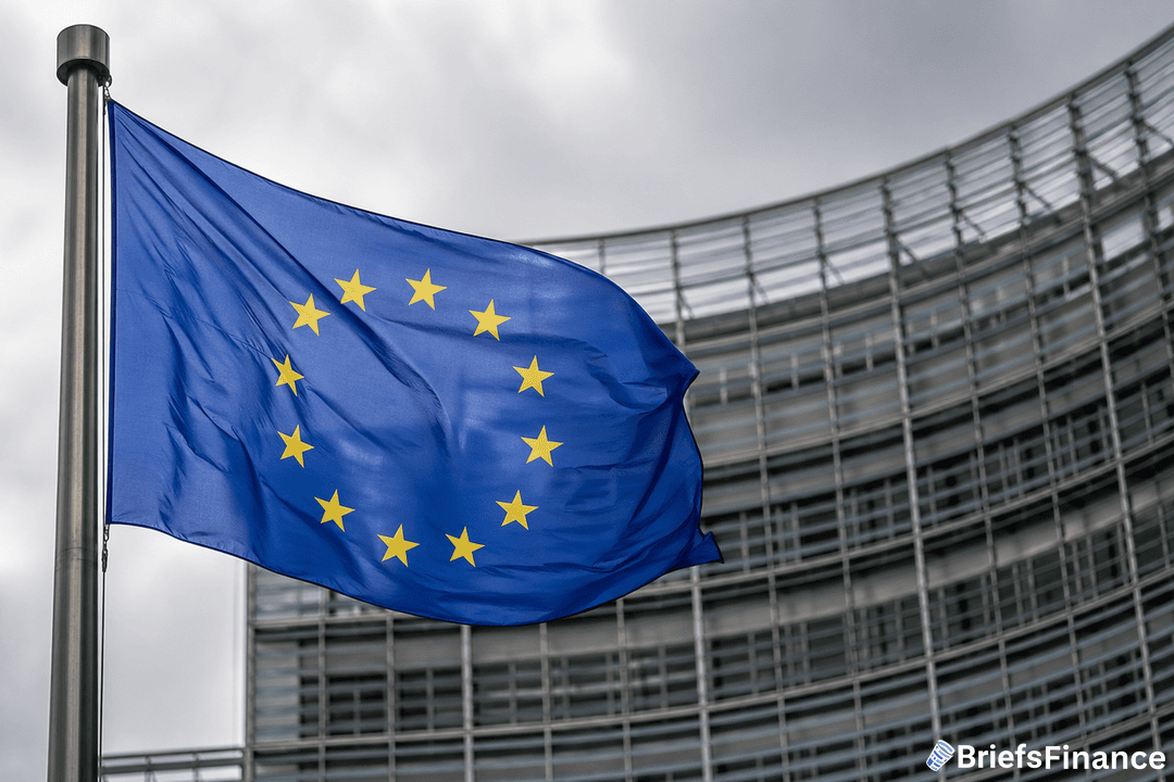 The European Union flag with yellow stars on a blue background waves in front of a modern glass building under a cloudy sky.