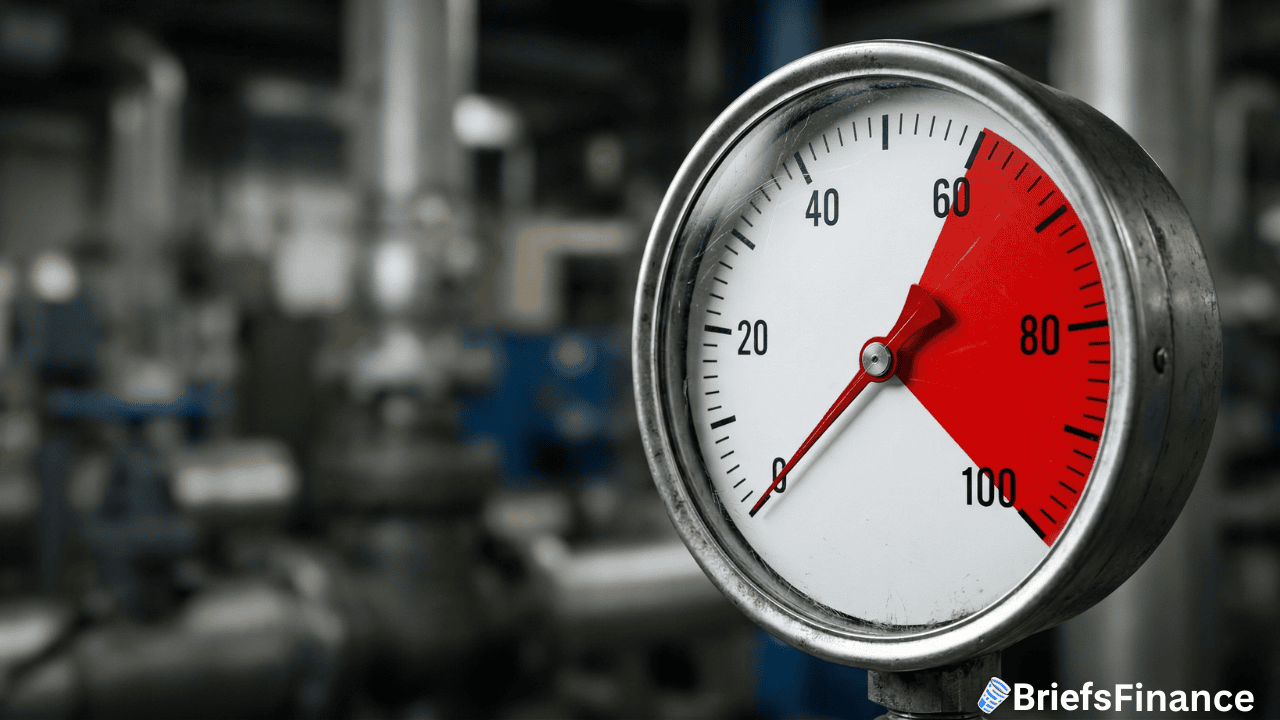 A close-up of an industrial pressure gauge with the needle at 80, surrounded by metal pipes and blurred machinery in the background, reflects the pressures of rising factory costs.
