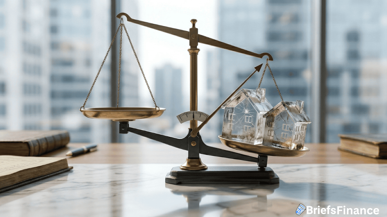 A balance scale with miniature houses—symbolizing Fannie Mae and Freddie Mac—on one side and an empty pan on the other, placed on a marble desk with books and papers; city buildings visible in the background.