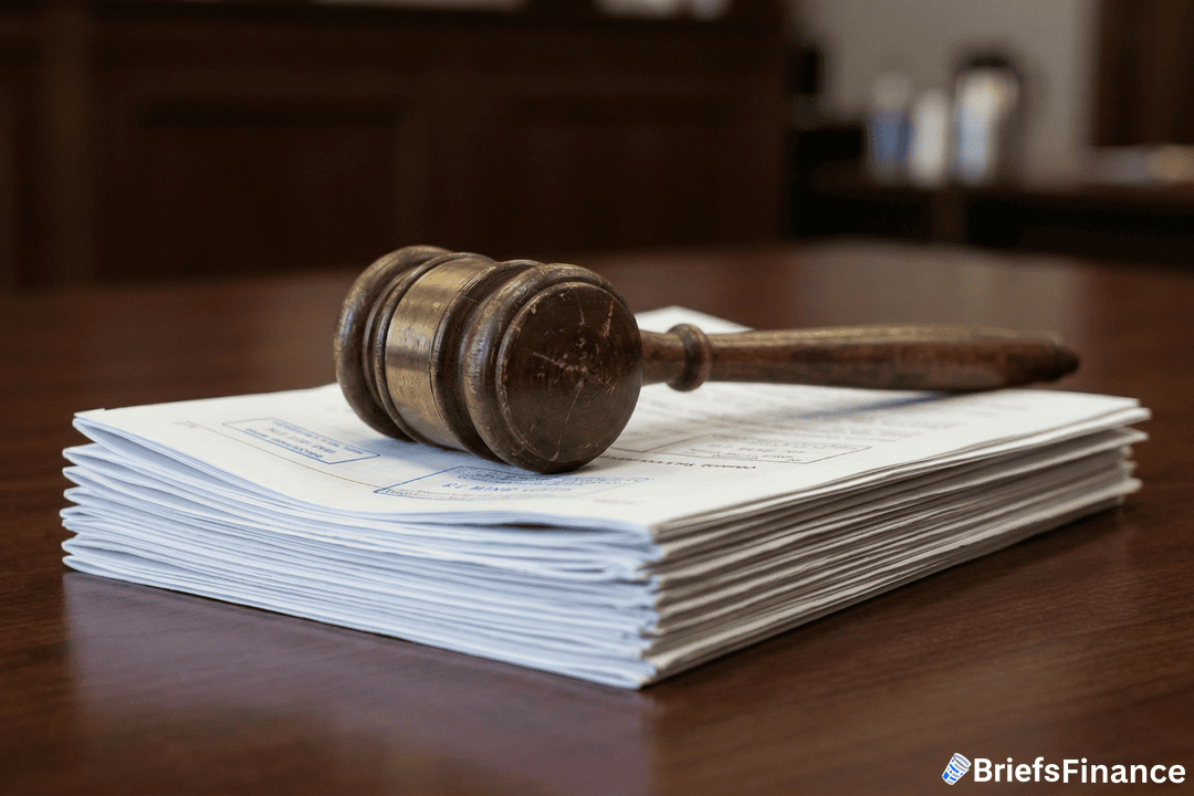 A judge’s gavel rests on top of a thick stack of documents on a wooden table in a courtroom, with a BriefsFinance watermark in the corner.
