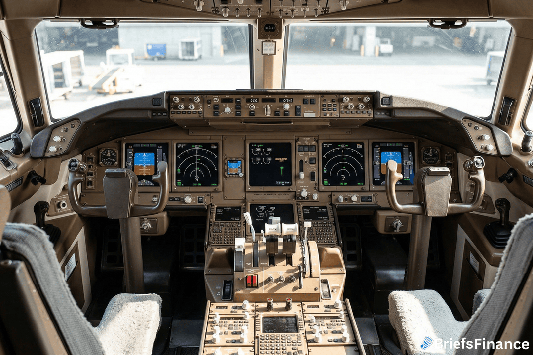 Cockpit interior of a commercial airplane showing control panels, flight instruments, yokes, and throttle levers, with seats visible in the foreground.