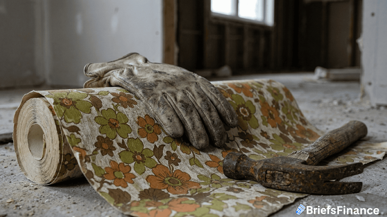 A pair of work gloves rests on a vintage floral wallpaper roll beside a rusted hammer in a partially renovated room, evoking memories of home flipping profits hitting their lowest point since 2008.