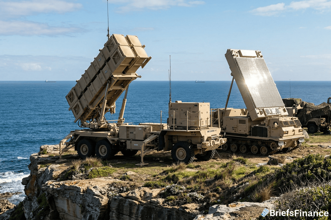 Two military missile defense systems are positioned on a rocky coastline overlooking the ocean under a partly cloudy sky.