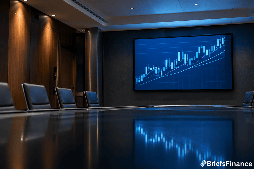 Empty conference room with a large screen displaying a rising financial chart; modern interior with reflective table and chairs.