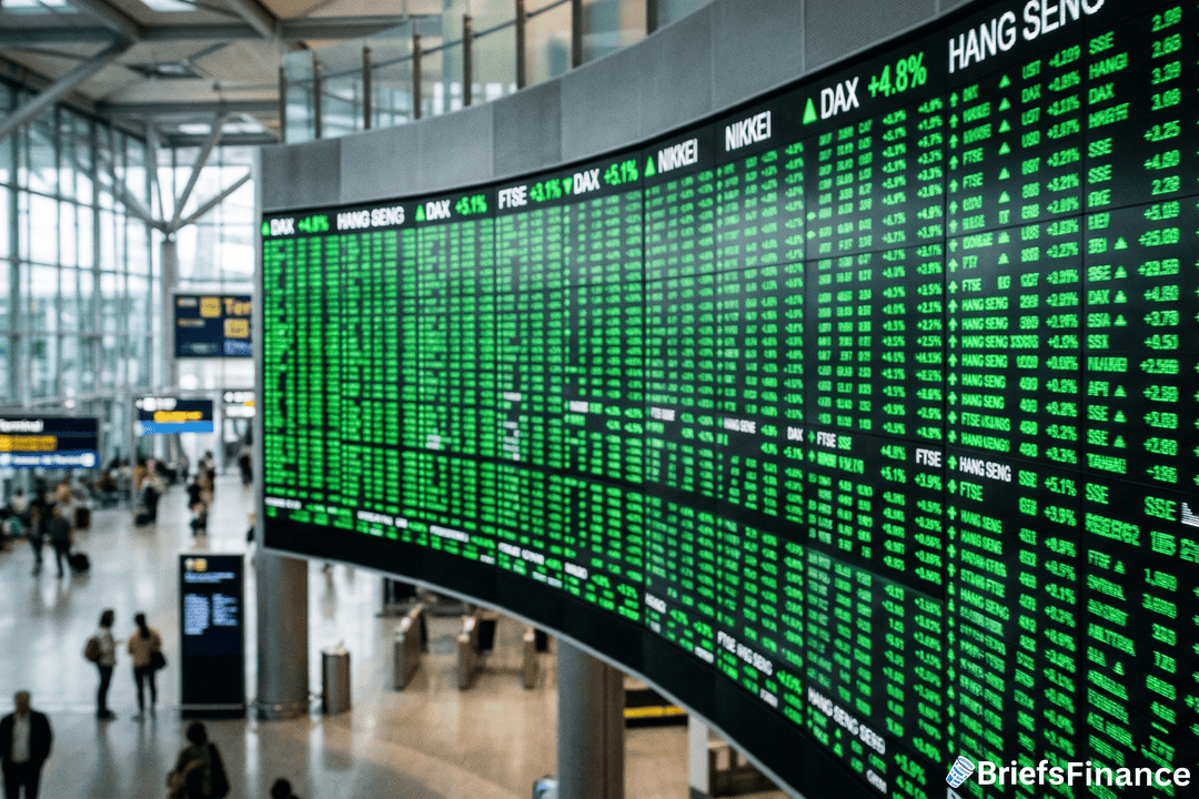 A large electronic board displays global stock market indices in green at an airport terminal, with travelers walking in the background.