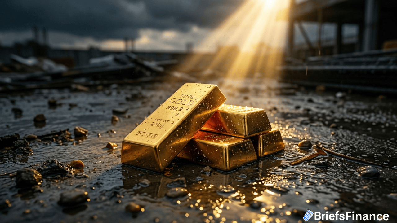 A stack of gold bars lies on wet ground as sunlight streams through clouds, highlighting the gleaming gold. A BriefsFinance logo appears in the corner, evoking hope for a market rally.