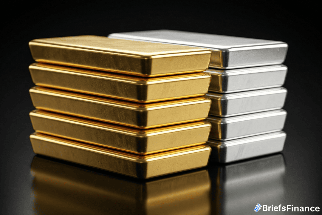 Stacks of gold and silver bars arranged on a reflective black surface, with the BriefsFinance logo in the corner.