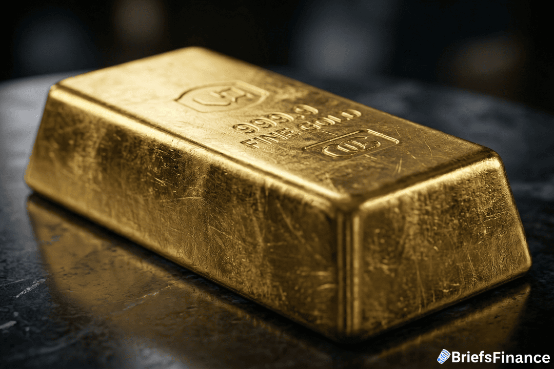 A gold bar marked "999.9 FINE GOLD" rests on a dark surface, with a BriefsFinance logo in the bottom right corner.