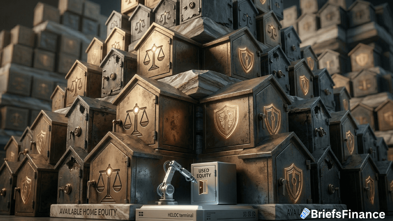 A stack of metal boxes shaped like houses with financial symbols hints at home equity; a small robotic arm and labeled books sit in front. The "BriefsFinance" logo is visible in the bottom right corner.