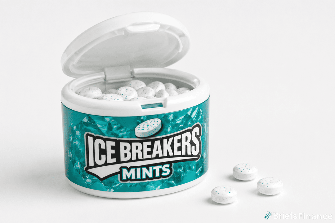 An open container of Ice Breakers Mints with white and blue-speckled mints inside and three mints placed in front on a white surface.