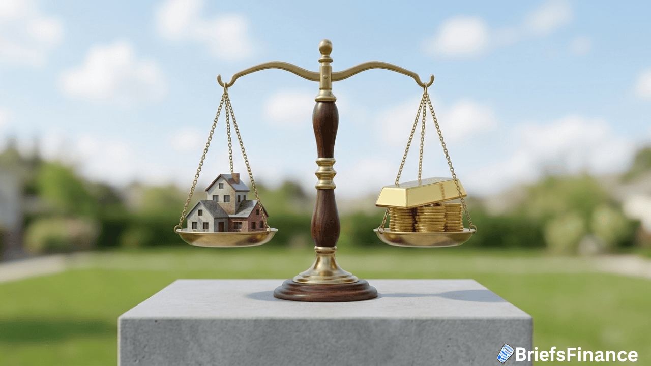 A balanced scale with houses on one side and gold bars with coins on the other, symbolizing a comparison between the housing market and gold investment.