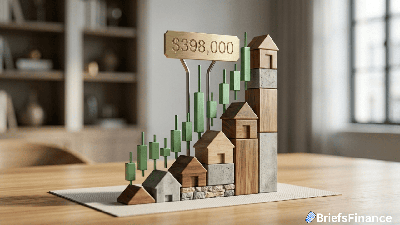 A wooden model of houses with green chart bars shows a record rise in home prices, topped with a $398,000 sign. A BriefsFinance logo appears in the corner.