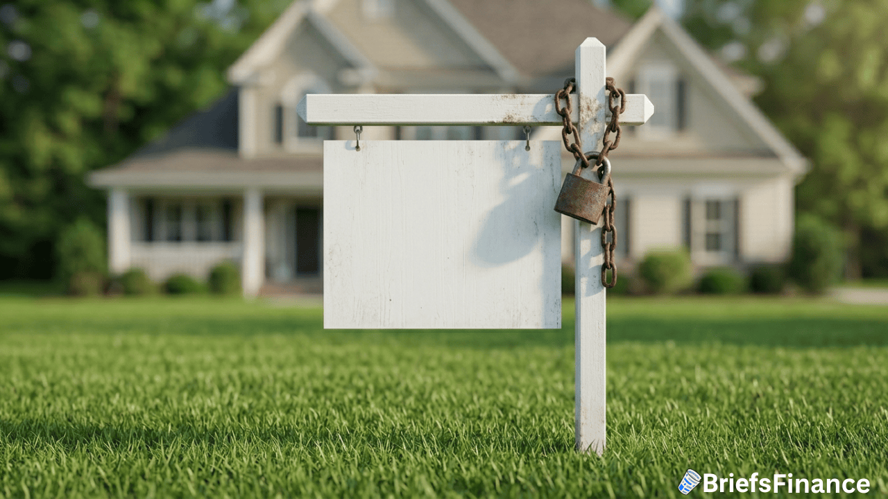 A blank "For Sale" sign with a chain and padlock stands in front of a house, signaling the property is not available, possibly due to current mortgage rates.